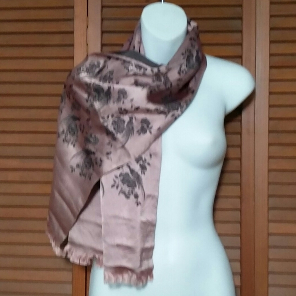 Vintage Bonwit satin floral and bird scarf wrap
